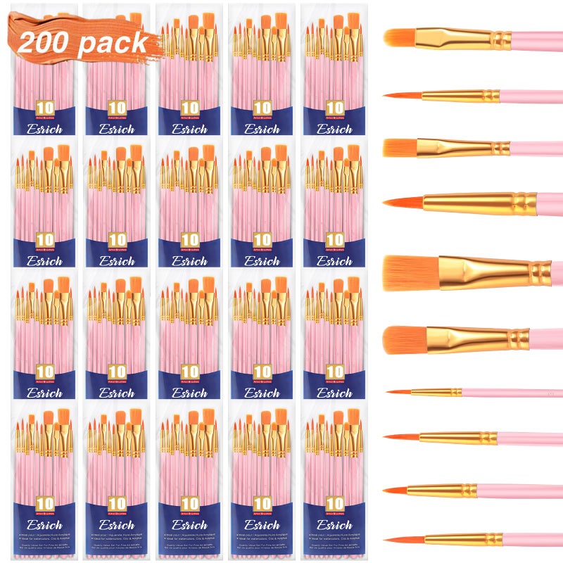 ESRICH Acrylic Paint Brushes Set, 20 Packs / 200 Pcs Nylon Hair Paint Brushes,Paint Brush Set Suitable for Oil, Watercolor,Rock Body Face Art, Adult Perfect Art Painting Craft Paint Brush Kits. - Image 1