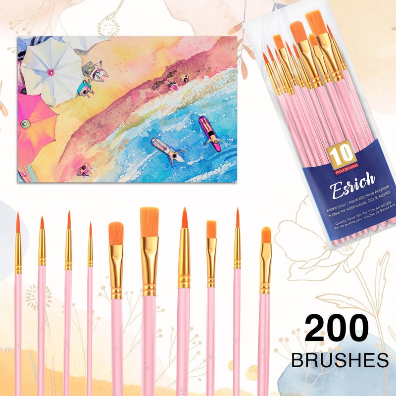 ESRICH Acrylic Paint Brushes Set, 20 Packs / 200 Pcs Nylon Hair Paint Brushes,Paint Brush Set Suitable for Oil, Watercolor,Rock Body Face Art, Adult Perfect Art Painting Craft Paint Brush Kits. - Image 3