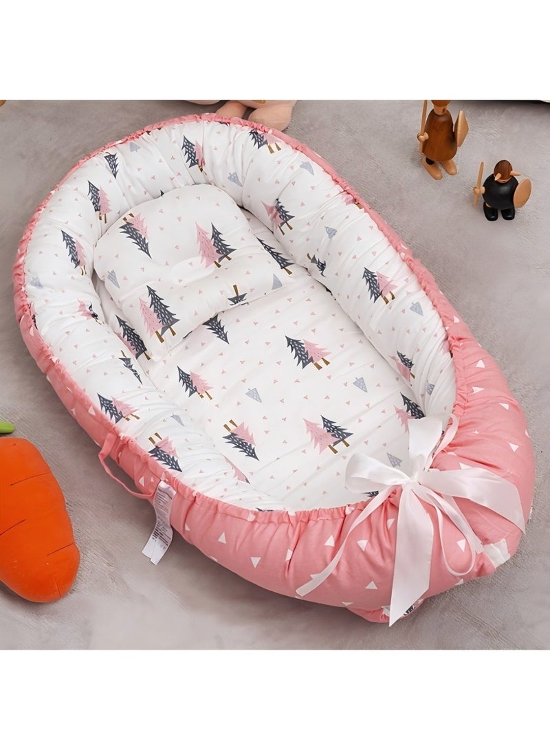 Beauenty Baby nest, 90x50cm baby lounge chair, soft sleeping mat with pillow, cotton swaddle bag, adjustable breathable portable baby blanket (forest pink) - Image 1