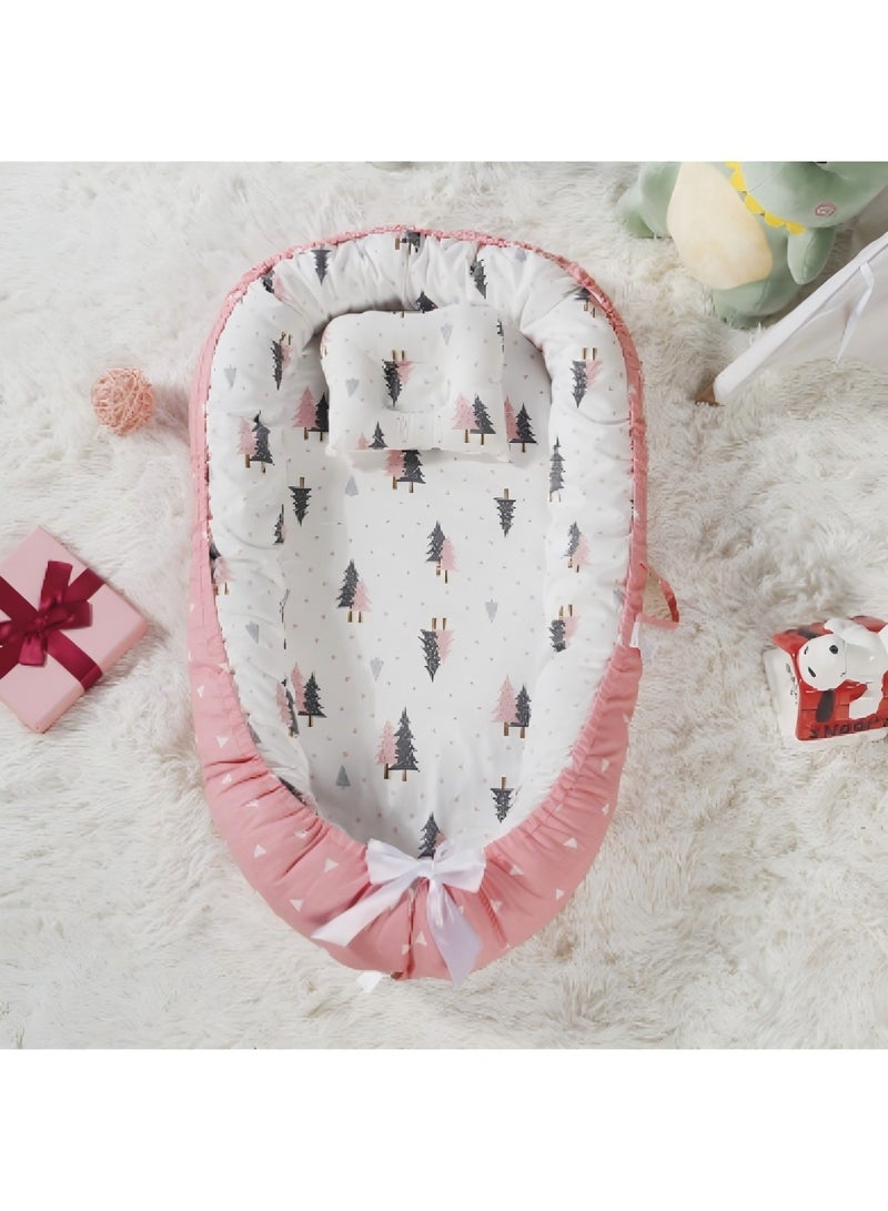 Beauenty Baby nest, 90x50cm baby lounge chair, soft sleeping mat with pillow, cotton swaddle bag, adjustable breathable portable baby blanket (forest pink) - Image 2