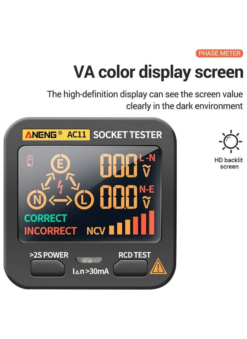 ANENG - AC11 Socket Tester Electric Leakage Detector LCD Display Ground Wire Zero Line Live Wire Phase Multifunctional Electrical Electroscope RCD NCV Electric Tester Circuit Polarity Detector UK Plug - Image 1