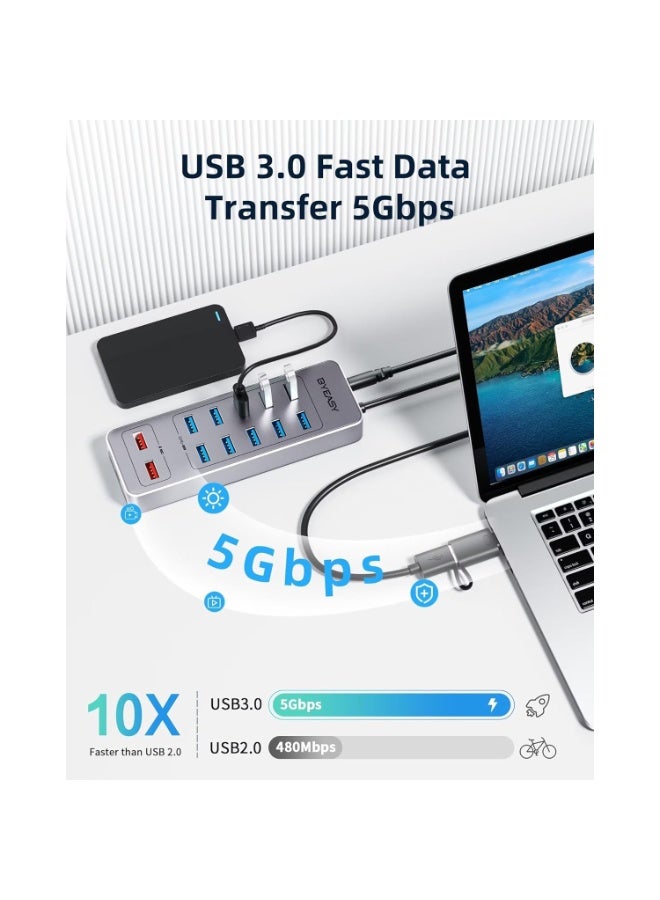باى يزى موزع USB مزود بالطاقة UH1301 – موزع USB 3.0 ذو 13 منفذًا، منها 10 منافذ لنقل البيانات، ومنفذان للشحن من نوع USB-A، ومنفذ شحن واحد من نوع USB-C، ومحول طاقة 12 فولت/3 أمبير. - Image 3