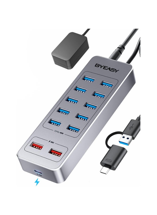 باى يزى موزع USB مزود بالطاقة UH1301 – موزع USB 3.0 ذو 13 منفذًا، منها 10 منافذ لنقل البيانات، ومنفذان للشحن من نوع USB-A، ومنفذ شحن واحد من نوع USB-C، ومحول طاقة 12 فولت/3 أمبير. - Image 1