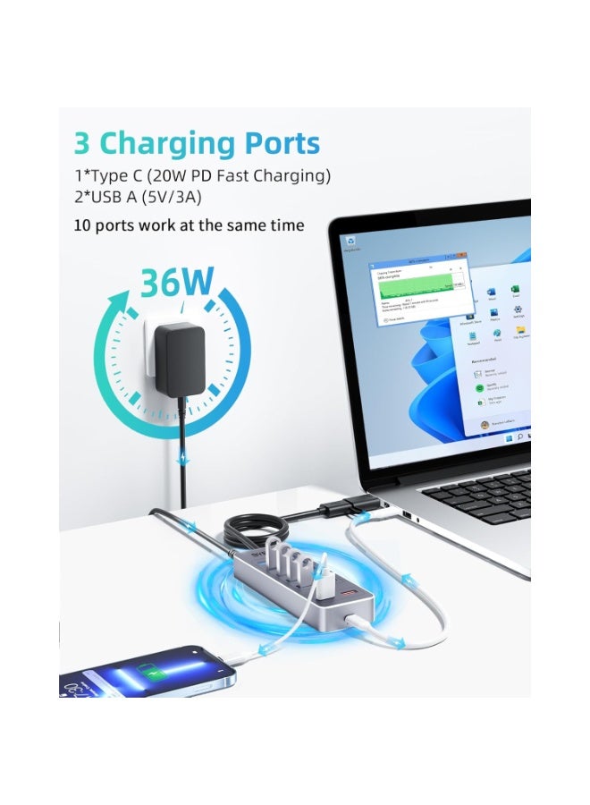 باى يزى موزع USB مزود بالطاقة UH1301 – موزع USB 3.0 ذو 13 منفذًا، منها 10 منافذ لنقل البيانات، ومنفذان للشحن من نوع USB-A، ومنفذ شحن واحد من نوع USB-C، ومحول طاقة 12 فولت/3 أمبير. - Image 4
