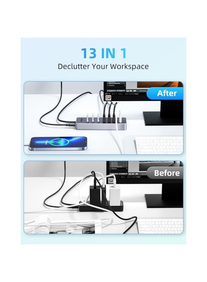 باى يزى موزع USB مزود بالطاقة UH1301 – موزع USB 3.0 ذو 13 منفذًا، منها 10 منافذ لنقل البيانات، ومنفذان للشحن من نوع USB-A، ومنفذ شحن واحد من نوع USB-C، ومحول طاقة 12 فولت/3 أمبير. - Image 5