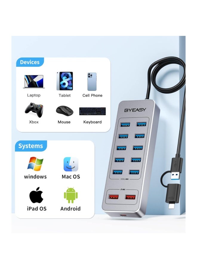 باى يزى موزع USB مزود بالطاقة UH1301 – موزع USB 3.0 ذو 13 منفذًا، منها 10 منافذ لنقل البيانات، ومنفذان للشحن من نوع USB-A، ومنفذ شحن واحد من نوع USB-C، ومحول طاقة 12 فولت/3 أمبير. - Image 2