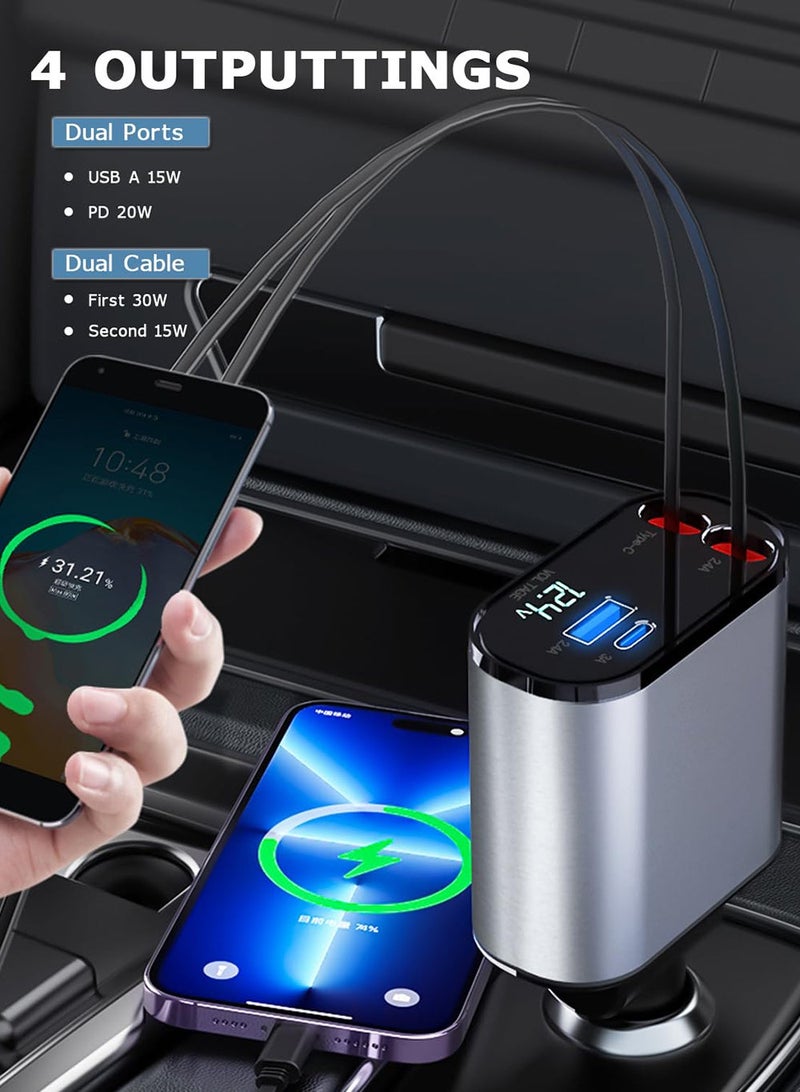 Phone Planet Powerful and Reliable Car Fast Charger USB C Port Retractable LED Digital Display 120W 4 in 1 - Image 4