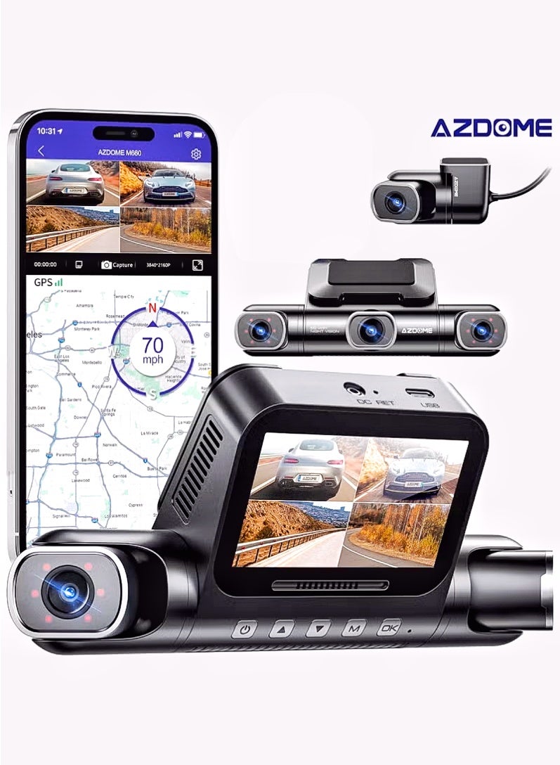 AZDOME 4 Channel 360° Dash Cam Front Rear Inside with 128GB eMMC, 4K+2K+1K+1K Dashcam 5G WiFi  IR Night Vision, Voice Control, Parking Mode, Fatigue Driving Reminder - Image 1