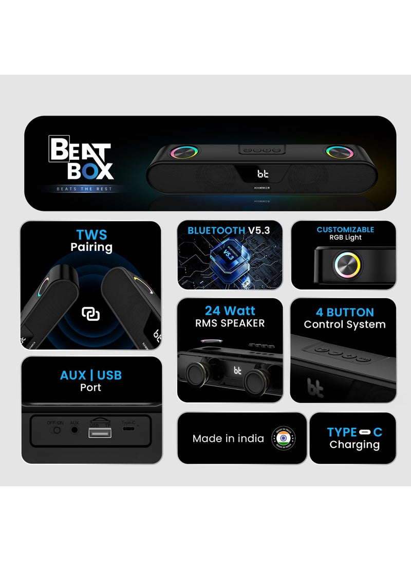 Hammer Renewed - Beatbox Bluetooth Soundbar 24W Output, RGB Lights, AUX, USB, TF Card & TWS Connectivity, Upto 8Hr Playtime, 52mm Drivers, Easy to Carry, BT Speaker for TV, Mobile, PC, Laptops, Tablets (Black) - Image 2
