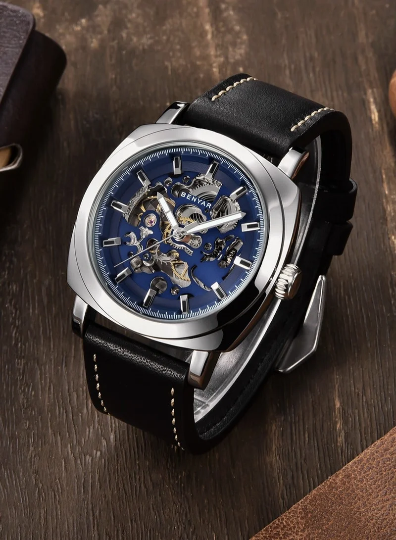 Benyar BLACK B Automatic Watches for Men | Skeleton Mechanical Leather Strap Mens Watch | 45mm Dial | 30M Waterproof | Men's Stylish Gift for Men | Best Price UAE