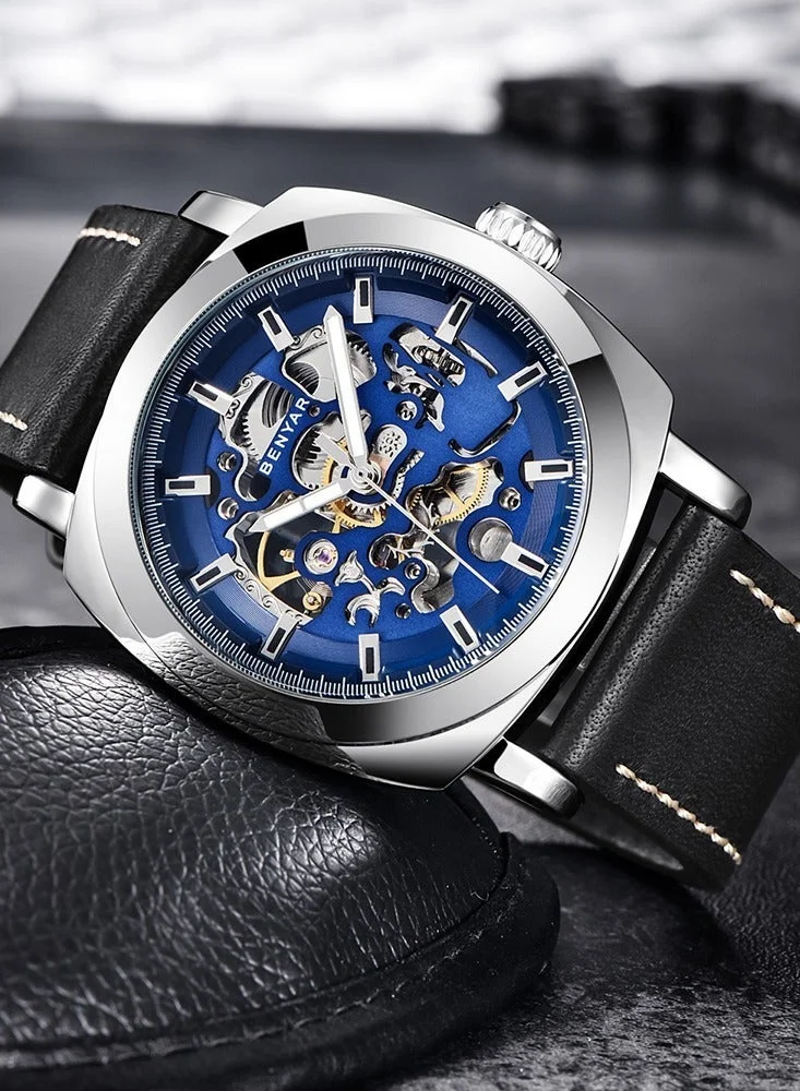 Benyar BLACK B Automatic Watches for Men | Skeleton Mechanical Leather Strap Mens Watch | 45mm Dial | 30M Waterproof | Men's Stylish Gift for Men | Best Price UAE