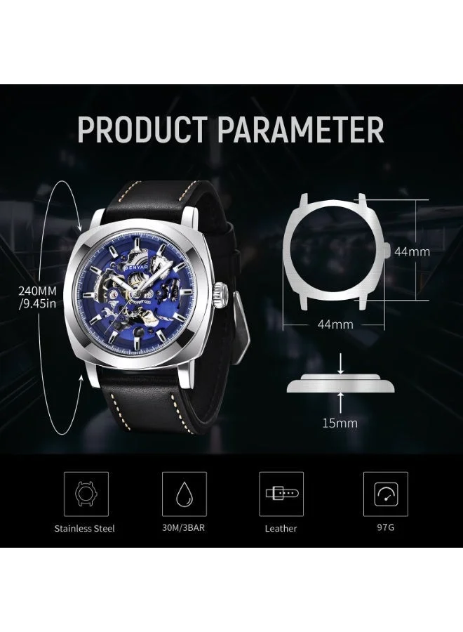 Benyar BLACK B Automatic Watches for Men | Skeleton Mechanical Leather Strap Mens Watch | 45mm Dial | 30M Waterproof | Men's Stylish Gift for Men | Best Price UAE