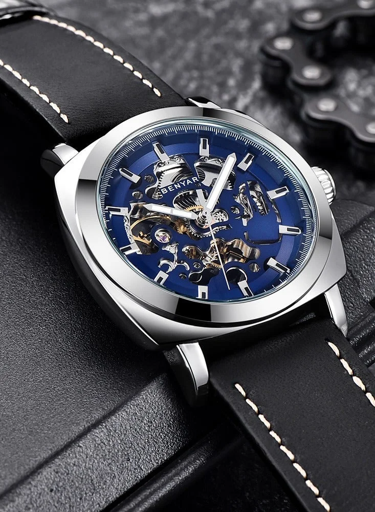 Benyar BLACK B Automatic Watches for Men | Skeleton Mechanical Leather Strap Mens Watch | 45mm Dial | 30M Waterproof | Men's Stylish Gift for Men | Best Price UAE