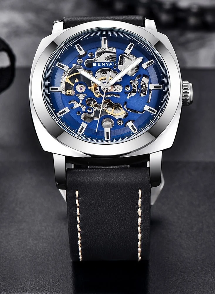 Benyar BLACK B Automatic Watches for Men | Skeleton Mechanical Leather Strap Mens Watch | 45mm Dial | 30M Waterproof | Men's Stylish Gift for Men | Best Price UAE