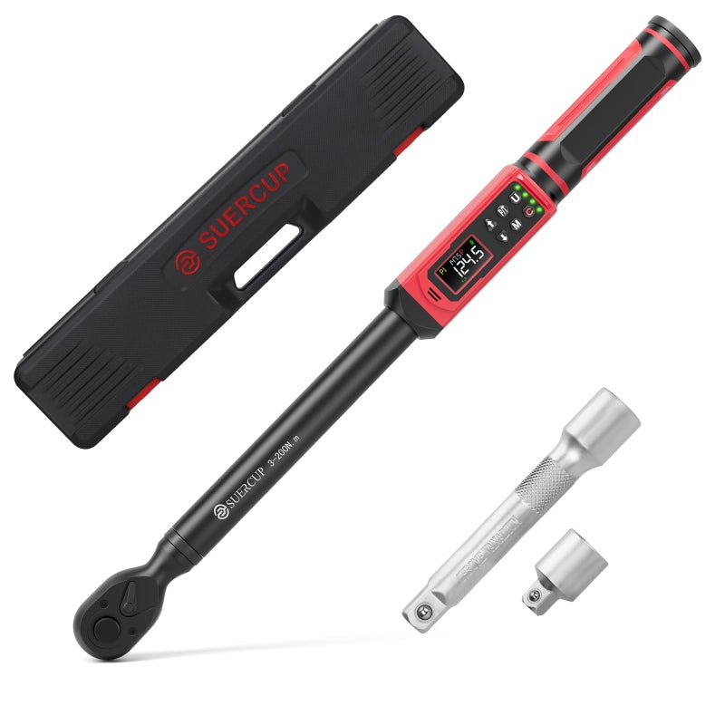 SUERCUP 1/2-inch Drive Digital Torque Wrench(2.2-147.5Ft.Lb/3-200N.m), Â±1% Accuracy Digital Torque Wrench with Buzzer and LED Alarm,9 Preset Mode and Four Units of Measure for Car, Moto and Bike, DIY - Image 1