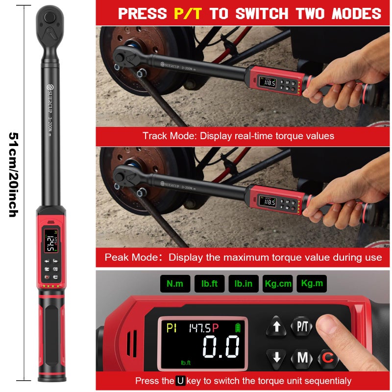 SUERCUP 1/2-inch Drive Digital Torque Wrench(2.2-147.5Ft.Lb/3-200N.m), Â±1% Accuracy Digital Torque Wrench with Buzzer and LED Alarm,9 Preset Mode and Four Units of Measure for Car, Moto and Bike, DIY - Image 3