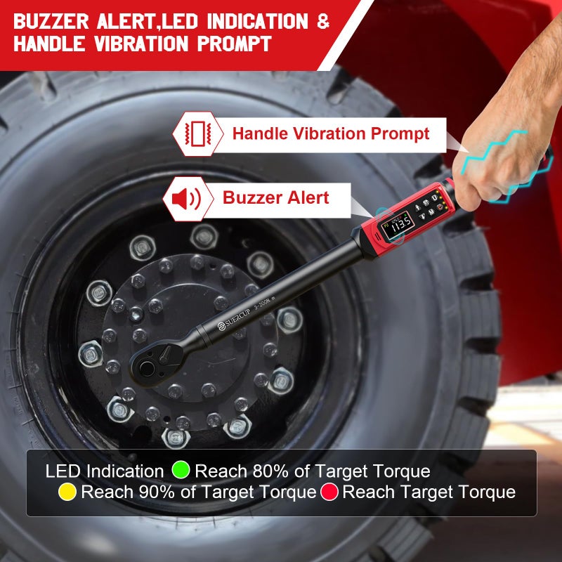 SUERCUP 1/2-inch Drive Digital Torque Wrench(2.2-147.5Ft.Lb/3-200N.m), Â±1% Accuracy Digital Torque Wrench with Buzzer and LED Alarm,9 Preset Mode and Four Units of Measure for Car, Moto and Bike, DIY - Image 2