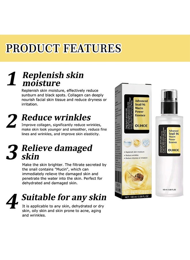 OUHOE Advanced Snail Mucin 96% Mucin Power Essence, Effectively Replenish Nutrients Improve Dryness Soften Cuticles Minimize Poreslighten Acne Scars Soothe And Repair Skin 100ml  - Image 3