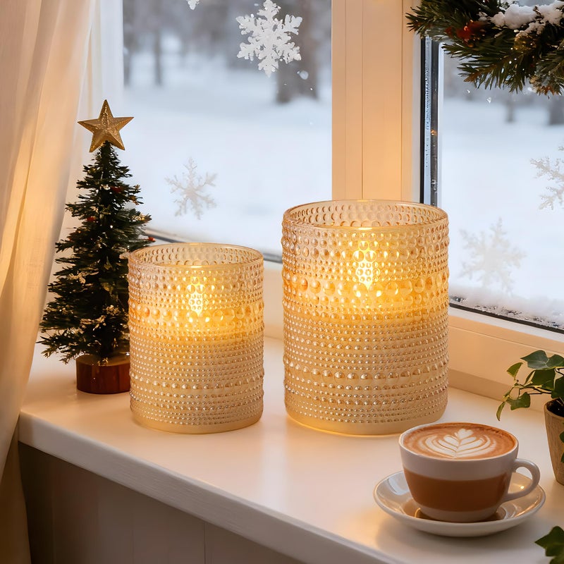 Velsyn Dotted Glass Flameless Candles with Remote Timer, Real Wax Battery Operated LED Pillar Candles with 3D Flickering Flame for Festival Wedding Home Party Decor, 3" x 4", 4" x 5", Set of 2 (Gold) - Image 3