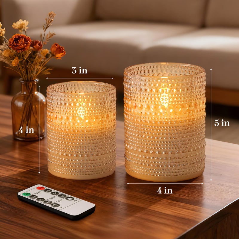 Velsyn Dotted Glass Flameless Candles with Remote Timer, Real Wax Battery Operated LED Pillar Candles with 3D Flickering Flame for Festival Wedding Home Party Decor, 3" x 4", 4" x 5", Set of 2 (Gold) - Image 5