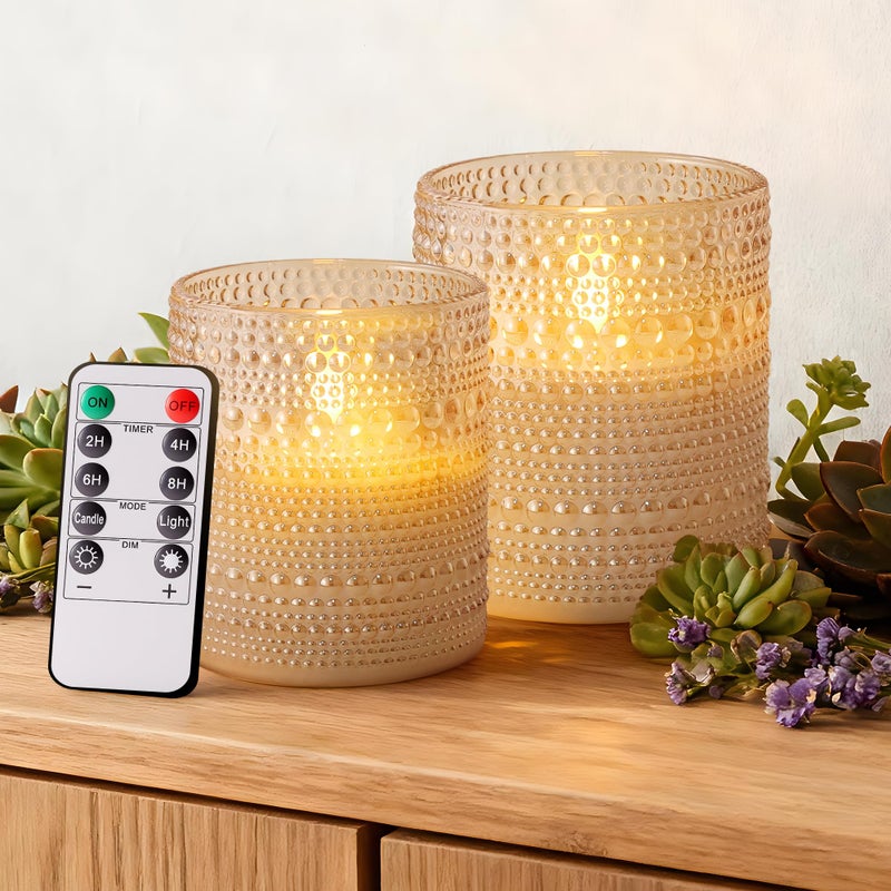 Velsyn Dotted Glass Flameless Candles with Remote Timer, Real Wax Battery Operated LED Pillar Candles with 3D Flickering Flame for Festival Wedding Home Party Decor, 3" x 4", 4" x 5", Set of 2 (Gold) - Image 1