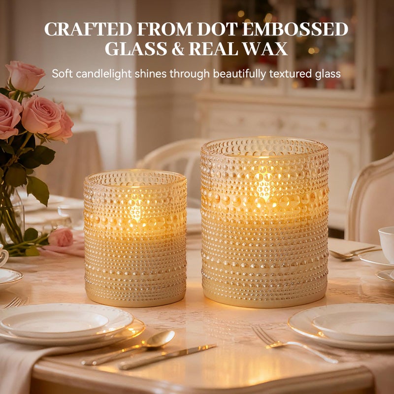 Velsyn Dotted Glass Flameless Candles with Remote Timer, Real Wax Battery Operated LED Pillar Candles with 3D Flickering Flame for Festival Wedding Home Party Decor, 3" x 4", 4" x 5", Set of 2 (Gold) - Image 2