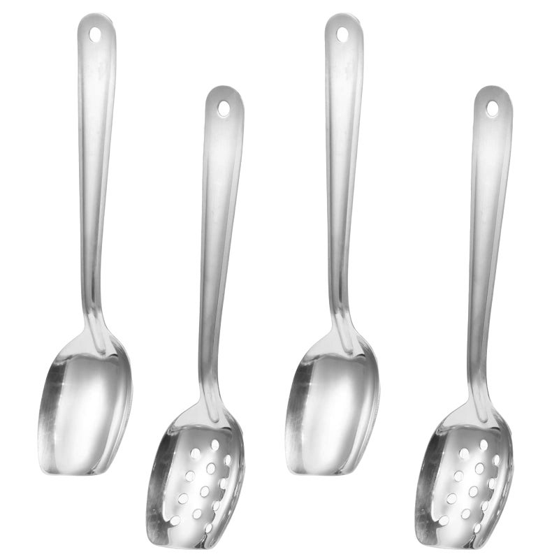 4 Pack Large Serving Spoons Flat Bottom Cooking Slotted Spoon Stainless Steel for Cooking Kitchen Parties Buffet Utensils Dishwasher Safe2 Styles 10 Inch Silvery