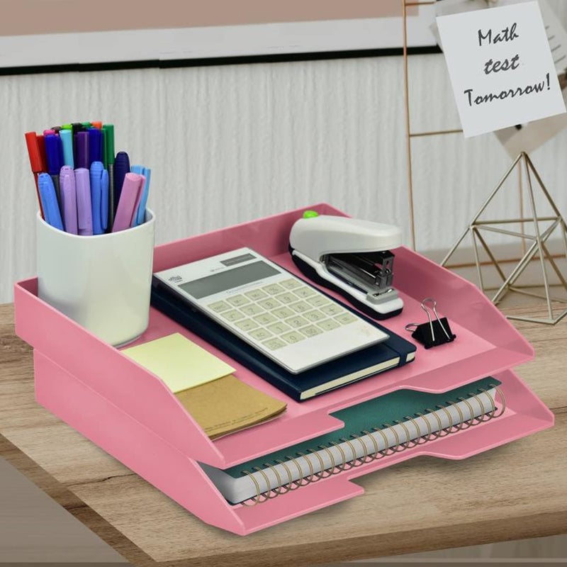 Acrimet Stackable Letter Tray 2 Tier Side Load, Plastic, Desktop File Organizer (Solid Pink Color) - Image 2
