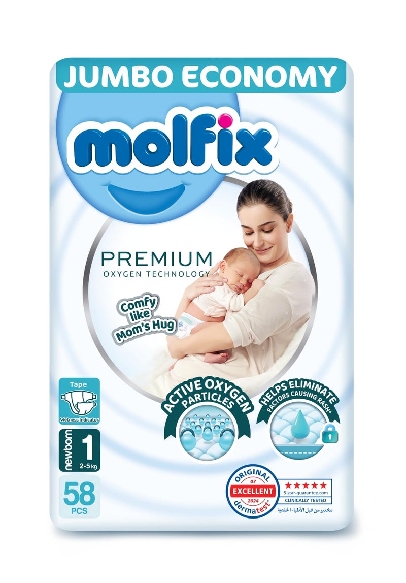 Molfix Baby Diapers Open Size 1, Jumbo Pack, 2-5 KG, 58 Units, Molfix Premium Oxygen Open Diapers, Size 1, 2-5 KG, Jumbo 58 count, Cotton Material