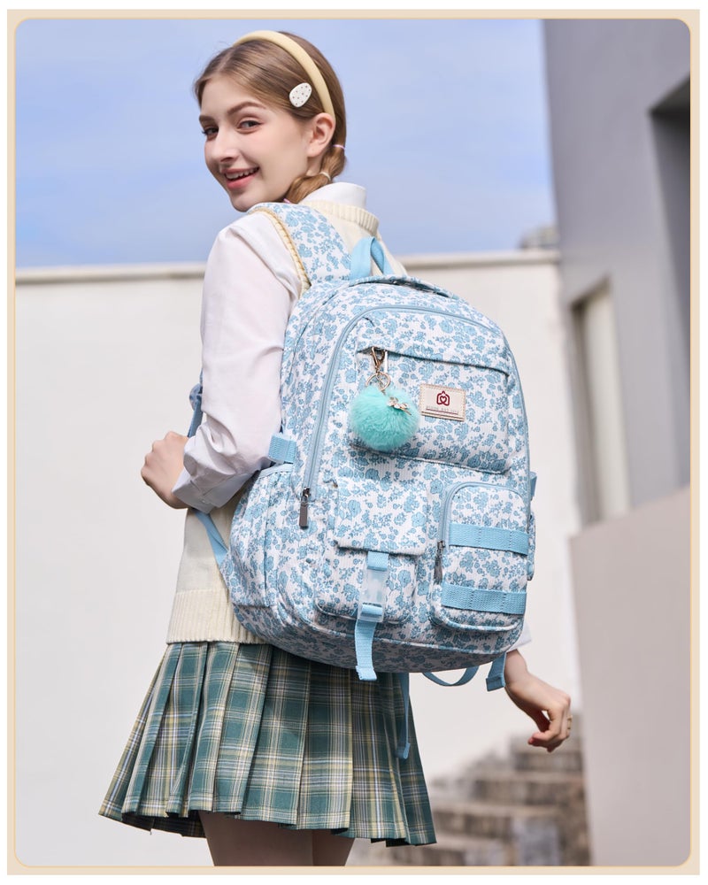 Hidds School Backpack for Teens Girls Women 15.6 Inch Laptop College Backpacks Corduroy Work Bag Kids Elementary Middle High School Bookbag Students Back Pack Anti Theft Travel Daypack Womens-Blue Floral - Image 2