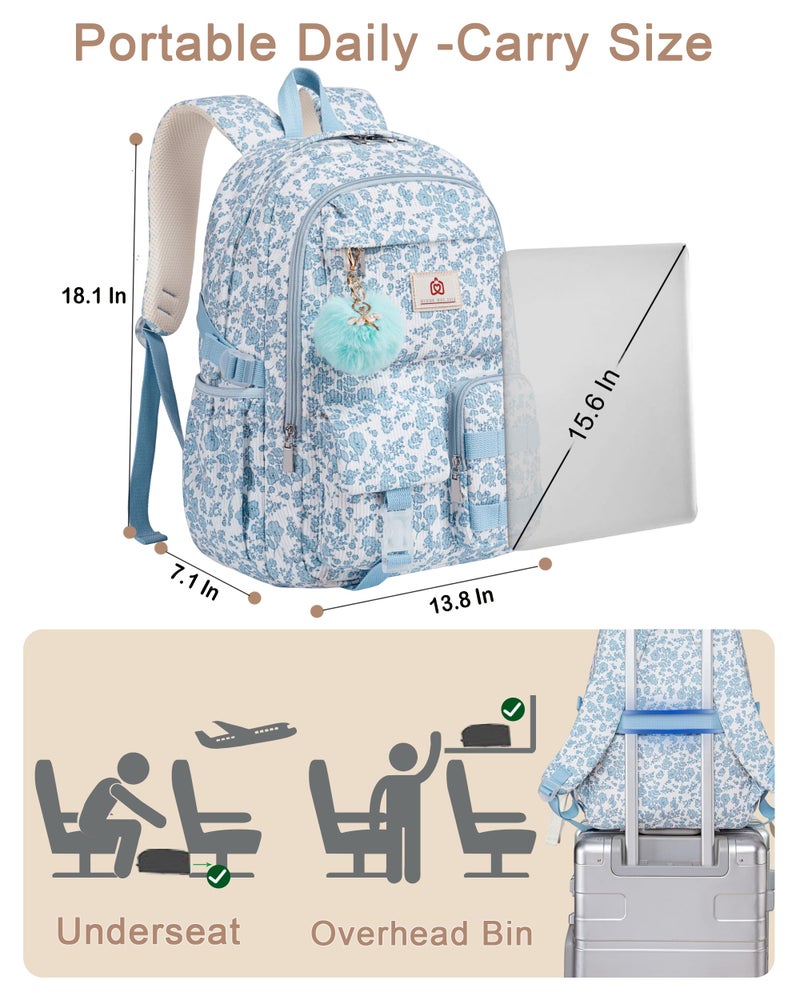Hidds School Backpack for Teens Girls Women 15.6 Inch Laptop College Backpacks Corduroy Work Bag Kids Elementary Middle High School Bookbag Students Back Pack Anti Theft Travel Daypack Womens-Blue Floral - Image 5