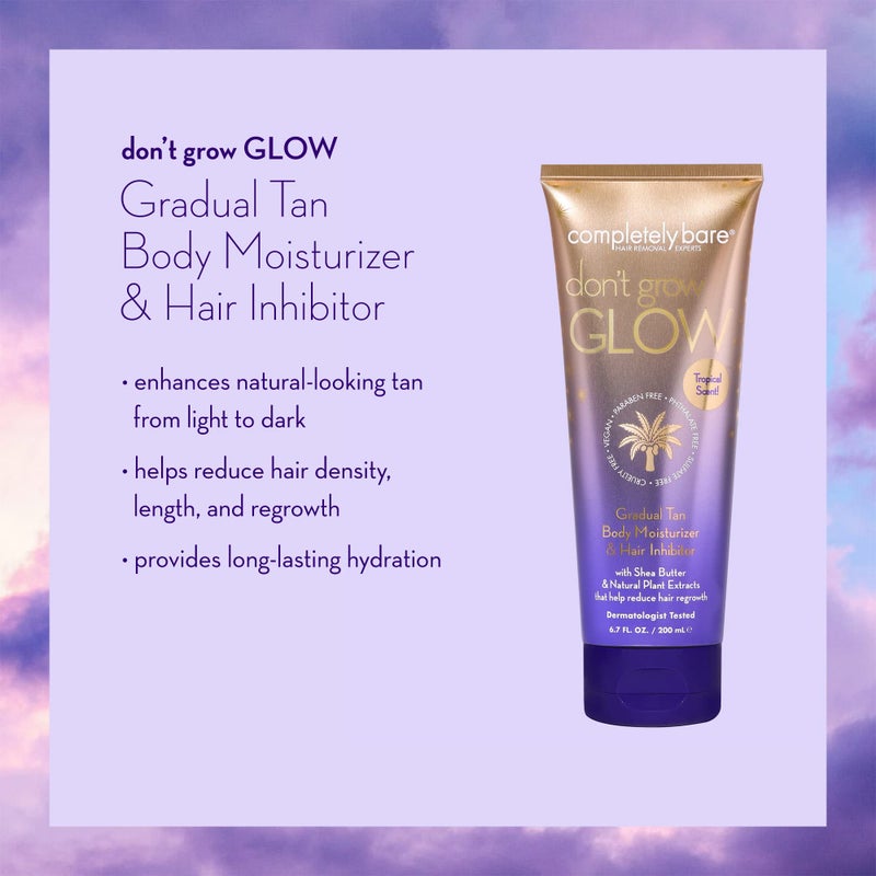 completely bare don't grow GLOW Gradual Tan Body Moisturizer & Hair Inhibitor - Shea Butter & Hair Minimizers - Image 2