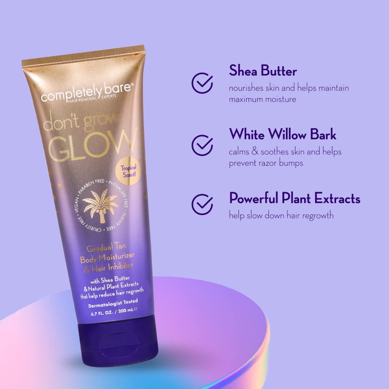 completely bare don't grow GLOW Gradual Tan Body Moisturizer & Hair Inhibitor - Shea Butter & Hair Minimizers - Image 4