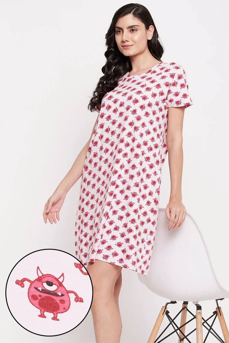Clovia Clovia Monster Emoji Print Long Sleep Tee in Soft Pink - 100% Cotton