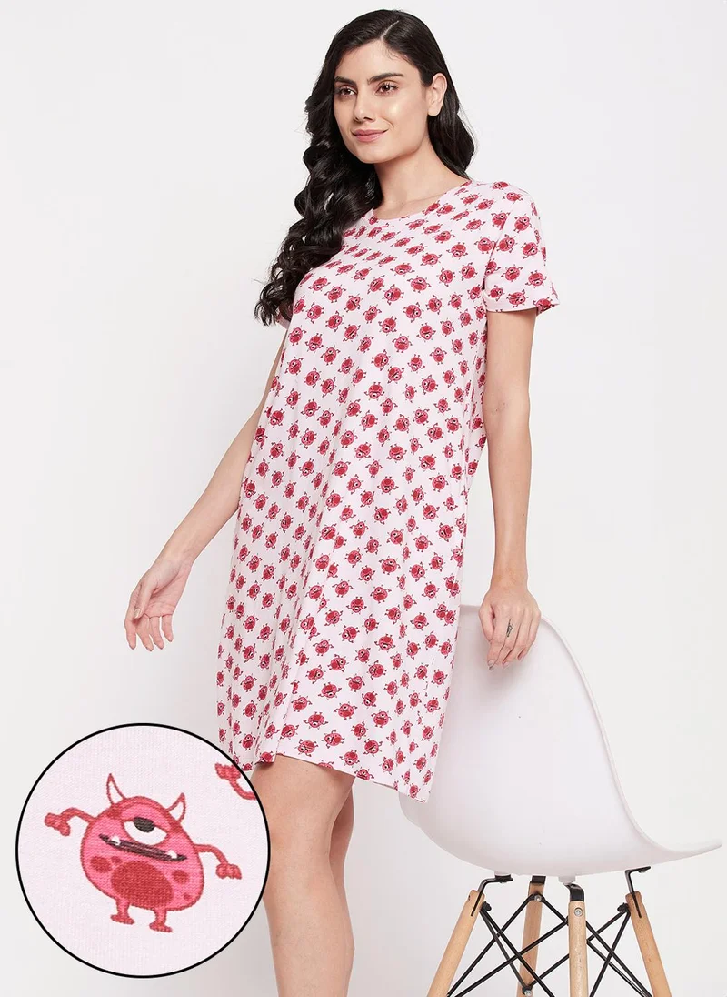 Clovia Clovia Monster Emoji Print Long Sleep Tee in Soft Pink - 100% Cotton