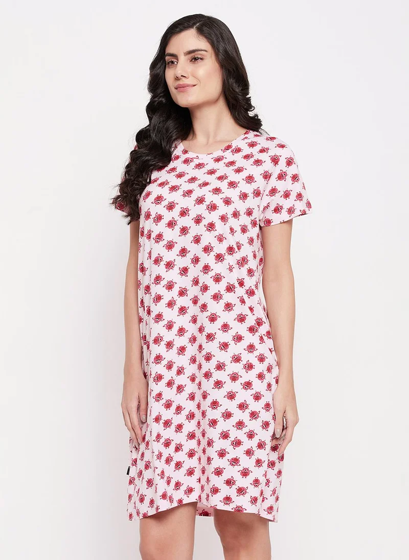 Clovia Clovia Monster Emoji Print Long Sleep Tee in Soft Pink - 100% Cotton