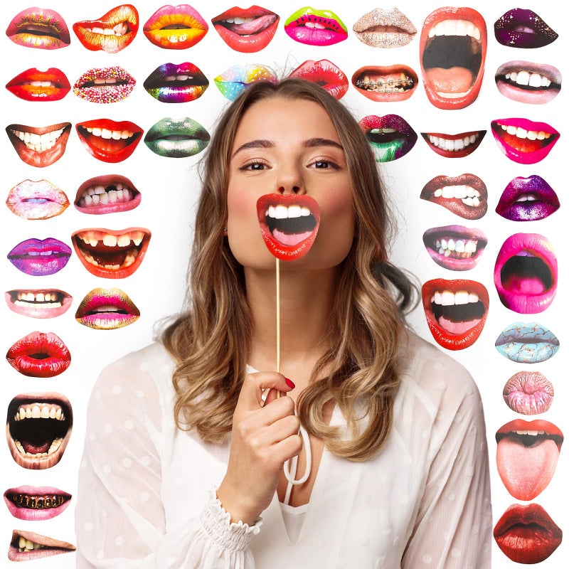 AUEAR 40 Pack Party Photo Booth Props Funny Lips Mouth Selfie Accessories with Stick for Birthday Wedding Graduation and Halloween