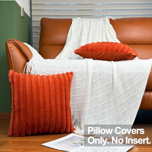 COTEY 18x18 Throw Pillow Covers Set of 2 Decorative Faux Fur Covers for Bed Couch Soft Fluffy Pillow Cover with Velvet Back for Living Room Neutral Home Dcor Accent for Sofa Burnt Orange - Image 3