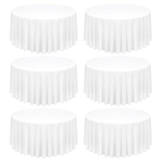 6 PACK WHITE ROUND TABLECLOTH 120 INCH CIRCULAR WHITE TABLE CLOTH STAIN AND WRINKLE RESISTANT TABLECLOTHS REUSABLE AND WASHABLE POLYESTER FABRIC TABLE COVERS FOR BUFFET WEDDING PARTY AND BANQUET