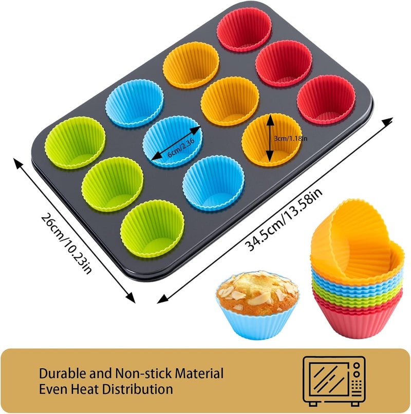 لافيش صينية مافن لافيش غير لاصقة من الفولاذ الكربوني | صينية خبز كب كيك بـ 12 كوبًا | تتضمن بطانات كب كيك مجانية | صينية خبز متينة للمافن والكب كيك - Image 2