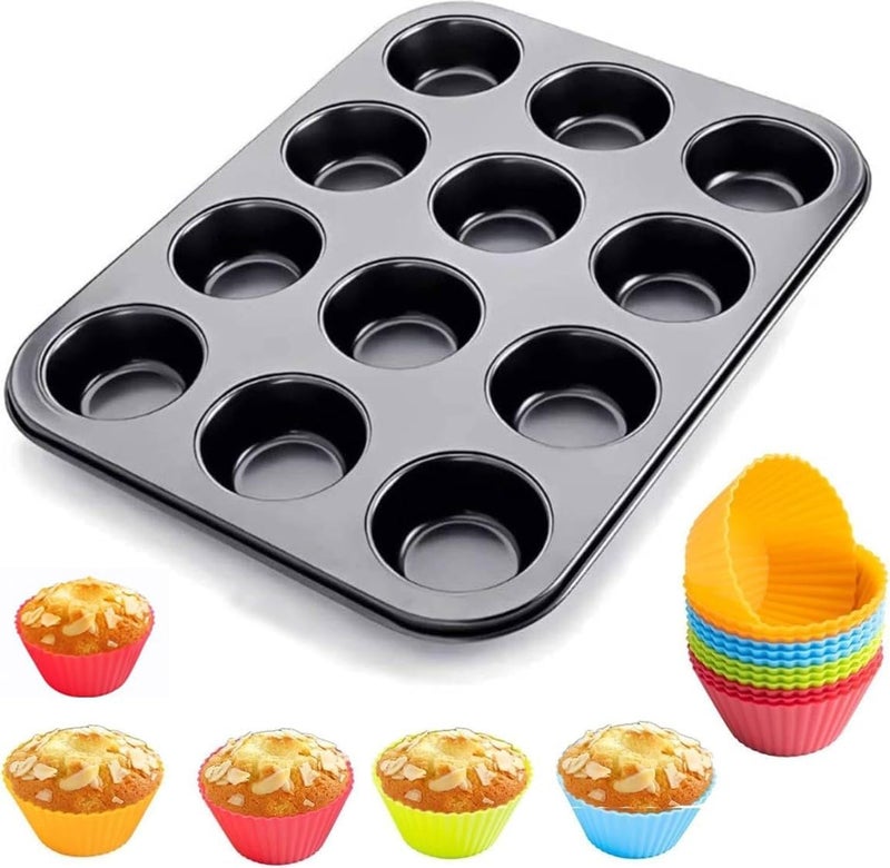 لافيش صينية مافن لافيش غير لاصقة من الفولاذ الكربوني | صينية خبز كب كيك بـ 12 كوبًا | تتضمن بطانات كب كيك مجانية | صينية خبز متينة للمافن والكب كيك - Image 1