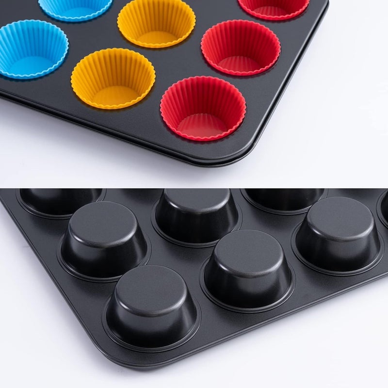 لافيش صينية مافن لافيش غير لاصقة من الفولاذ الكربوني | صينية خبز كب كيك بـ 12 كوبًا | تتضمن بطانات كب كيك مجانية | صينية خبز متينة للمافن والكب كيك - Image 5