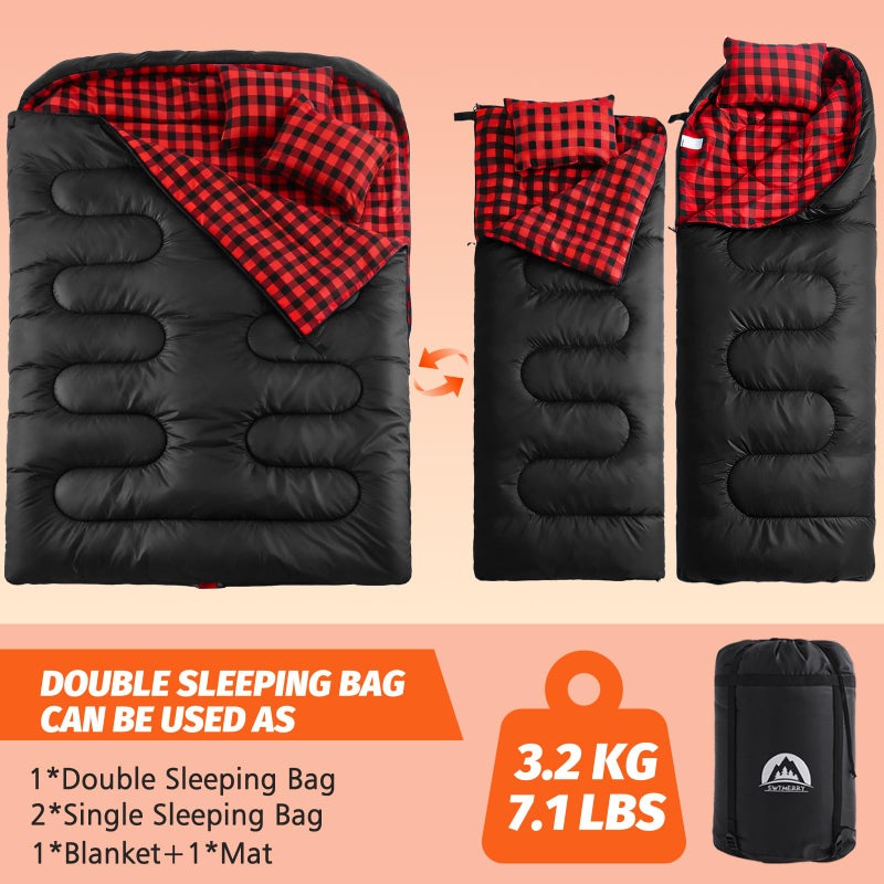Swtmerry Double Sleeping Bag for Adults with 2 Pillows, Big & Tall Queen Size XL Sleeping Bag for 2 Person, Waterproof & Lightweight Warm for 3 Seasons, Cold Weather,Camping, Hiking & Backpacking - Image 3