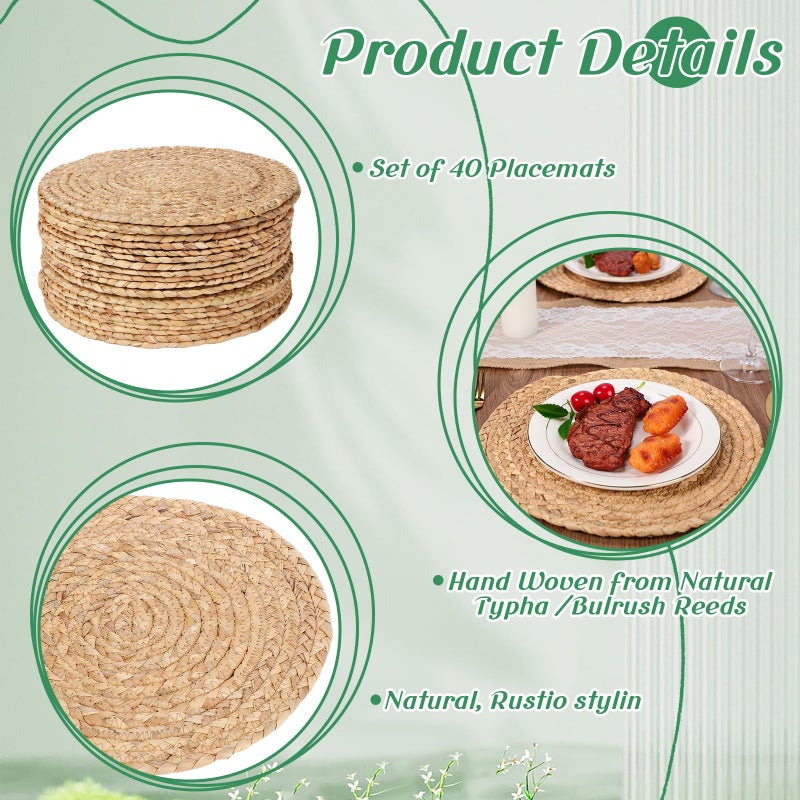 FoldTier 40 Pcs Round Placemats Bulk Plate Chargers Set 11.8 Inch Woven Placemat Rustic Braided Straw Rattan Charger Natural Water Hyacinth Place Mat for Wedding Party Table Single Tableware Use - Image 3