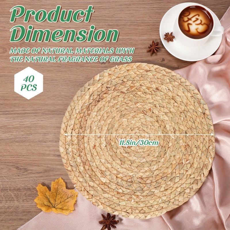 FoldTier 40 Pcs Round Placemats Bulk Plate Chargers Set 11.8 Inch Woven Placemat Rustic Braided Straw Rattan Charger Natural Water Hyacinth Place Mat for Wedding Party Table Single Tableware Use - Image 2
