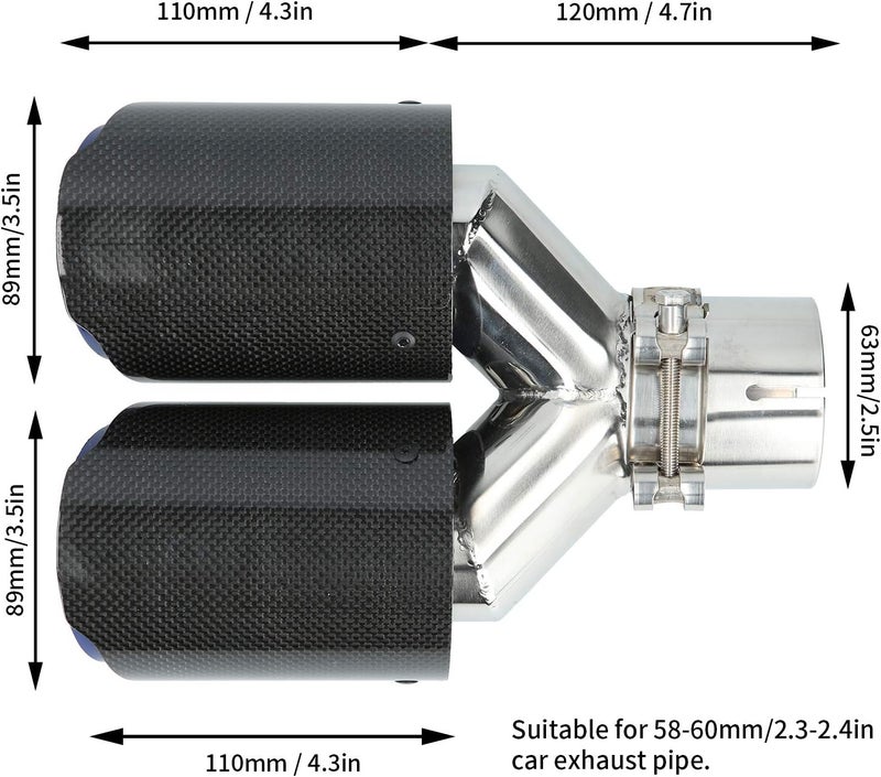klarako Dual Exhaust Tips, Universal Dual Exhaust Pipe Tip Glossy Carbon Fiber Y?Shape Tail Pipe W/Clamp - Image 4