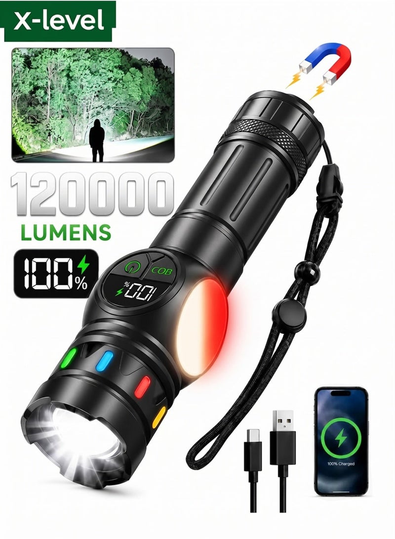 X-level Flashlights High Lumens Rechargeable, 120000 Lumens Super Bright Led Flashlight with COB Work Light, Powerful Flash Light, High Powered Handheld Tactical Flashlights for Emergencies Camping Hiking Gift Flashlights - Image 1