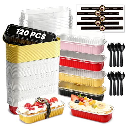 YQER 120 Pack Mini Loaf Pans with Lids and Spoons, 4-Color Assorted Aluminum Foil Baking Cake Tins (Black, Pink, Red, Yellow) - 6.8oz Disposable Mini Cake Pans for Baking, Gifting & Parties - Image 1