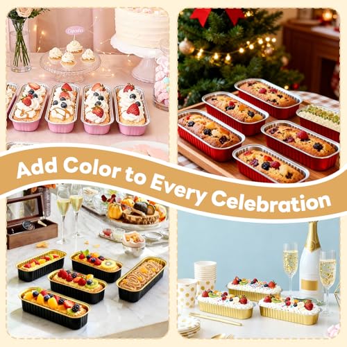 YQER 120 Pack Mini Loaf Pans with Lids and Spoons, 4-Color Assorted Aluminum Foil Baking Cake Tins (Black, Pink, Red, Yellow) - 6.8oz Disposable Mini Cake Pans for Baking, Gifting & Parties - Image 3