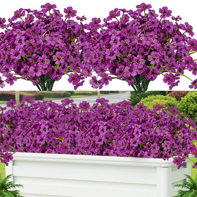12 PCS ARTIFICIAL FLOWERS FOR OUTDOORPLASTIC FLOWERS DECORATION UV RESISTANT FAUX FLOWERS SHRUBS ARTIFICIAL PLANTS FOR INDOOR OUTSIDE GARDEN HOME WEDDING FARMHOUSEFUCHSIA